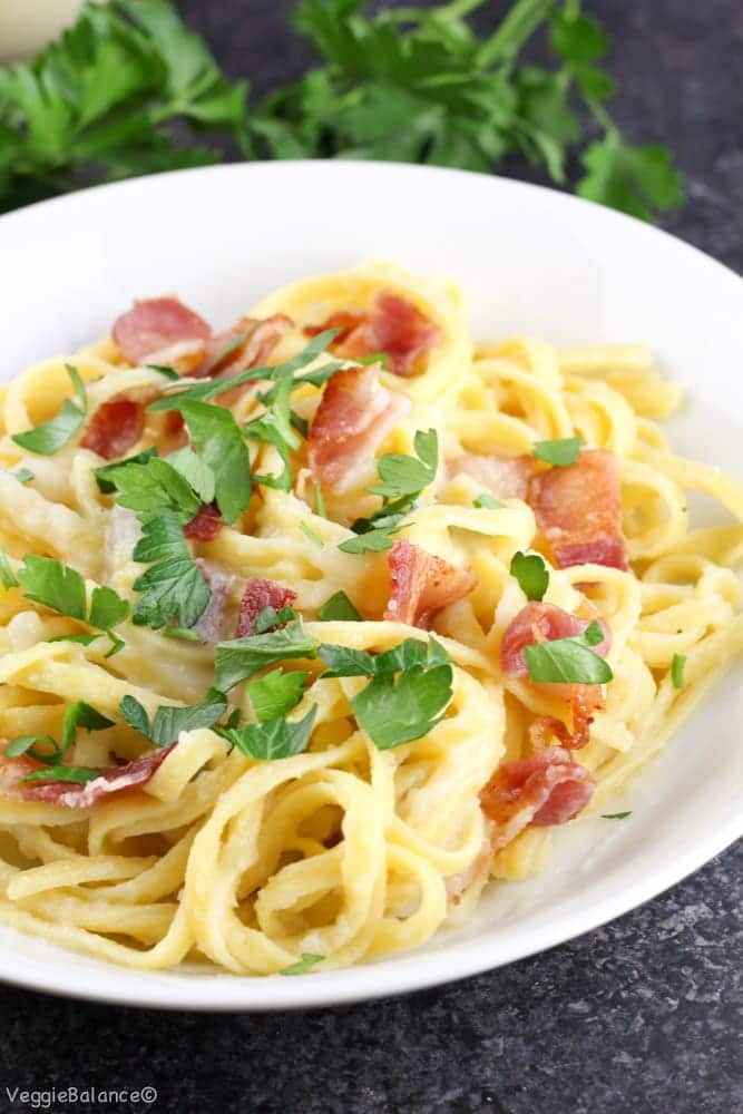 Fettuccine Alfredo with Bacon {Dairy-Free} -2 - Plant-Based Easy ...